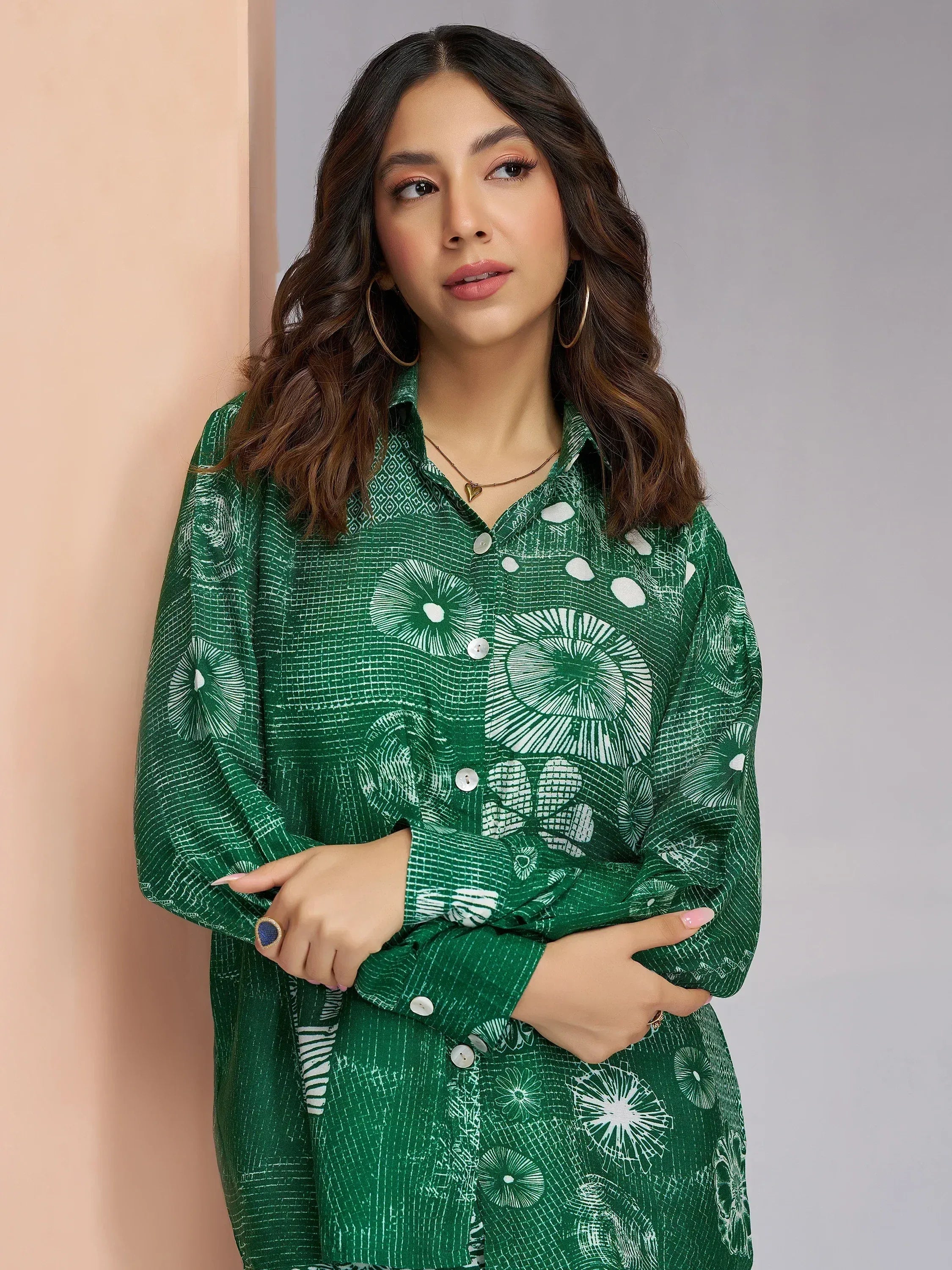 Green printed ethnic kurta with white floral pattern, stylish long sleeve top for women