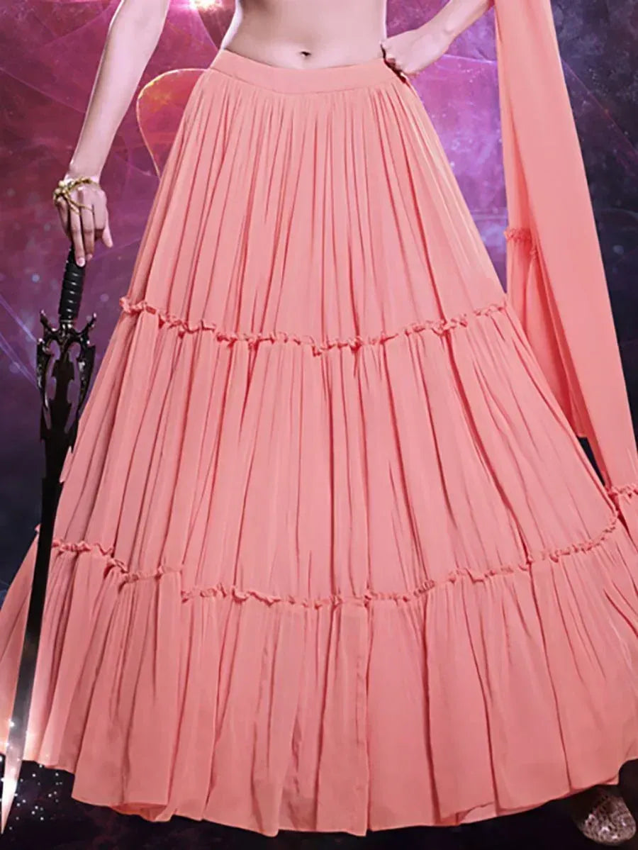 Peach tiered pleated lehenga skirt with ruffle details, styled for ethnic wear