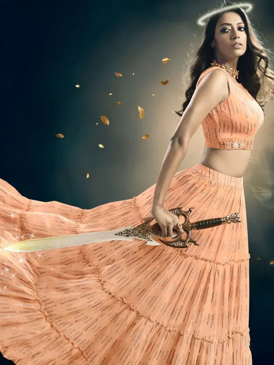 Woman in peach lehenga choli holding ornate sword, golden petals floating, angel halo effect
