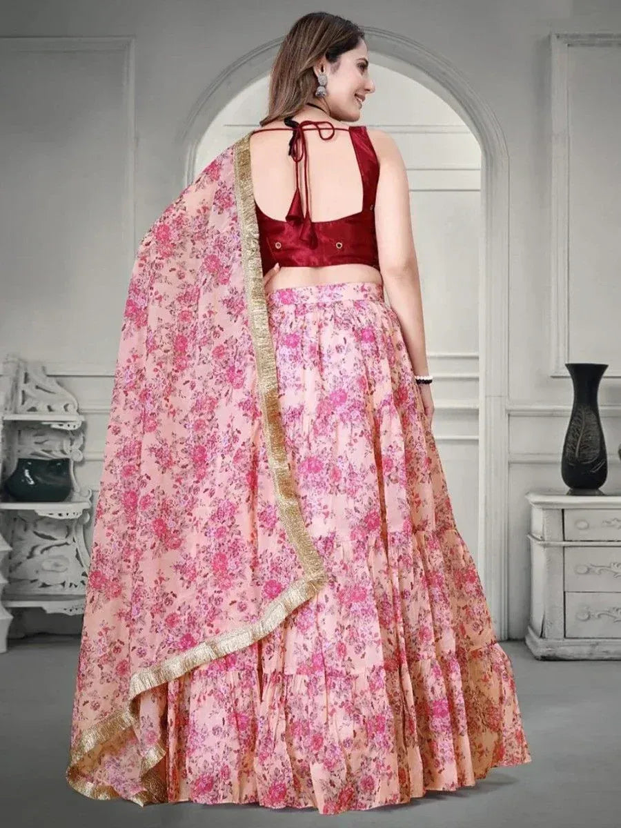 Pink floral lehenga choli with gold border, back view, Indian ethnic wear