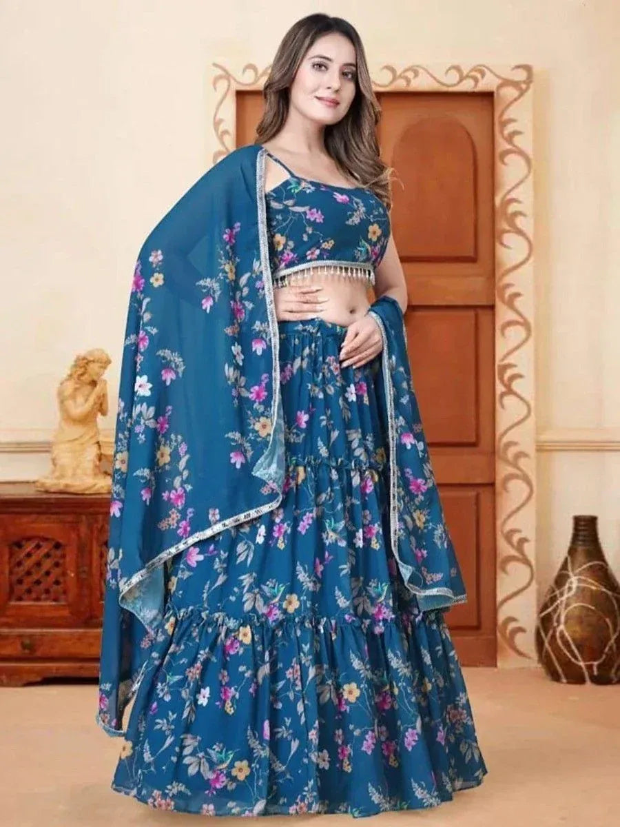 Blue floral lehenga choli with ruffled skirt and dupatta, Indian ethnic wear for women