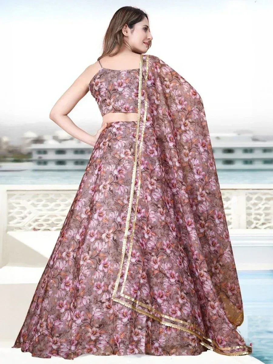 Floral print lehenga choli with gold trim, Indian ethnic wear for women