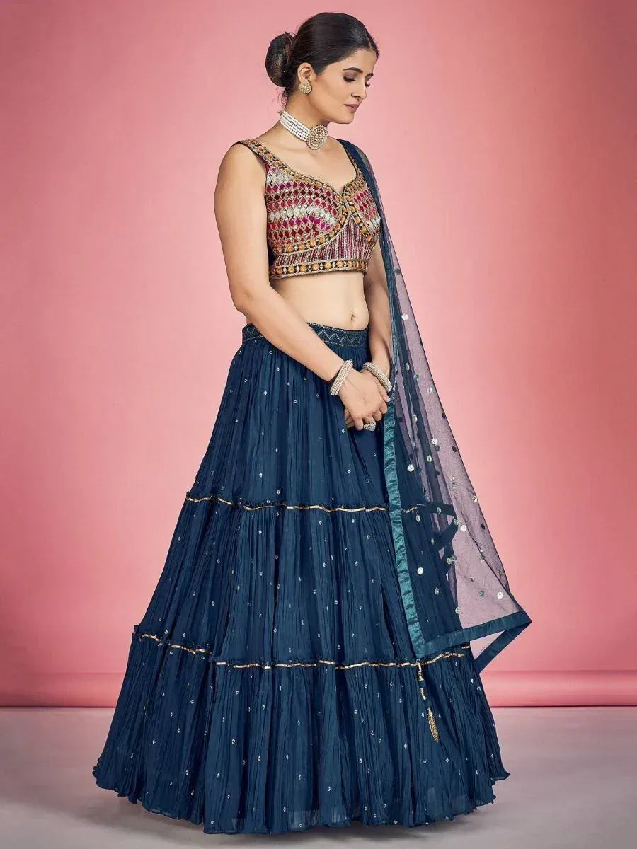 Navy blue tiered lehenga choli with embroidered blouse and sheer dupatta, Indian ethnic wear