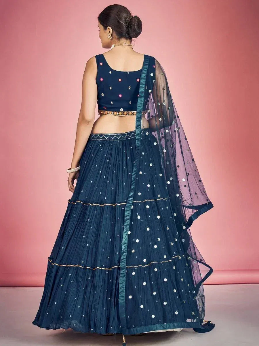 Navy blue lehenga choli with mirror work and sheer dupatta, ethnic Indian wear for women