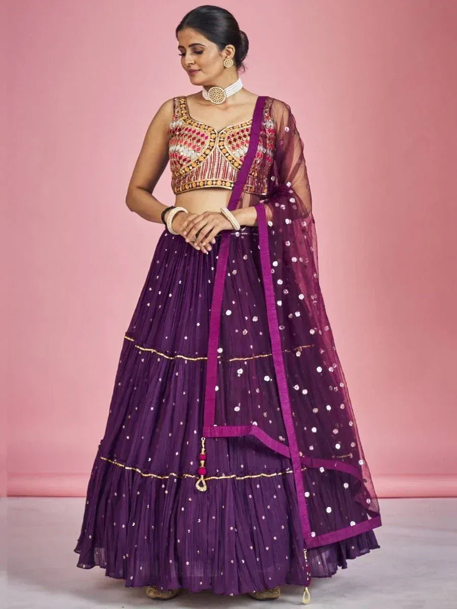 Purple embroidered lehenga choli with sequin dupatta, Indian ethnic wear for women