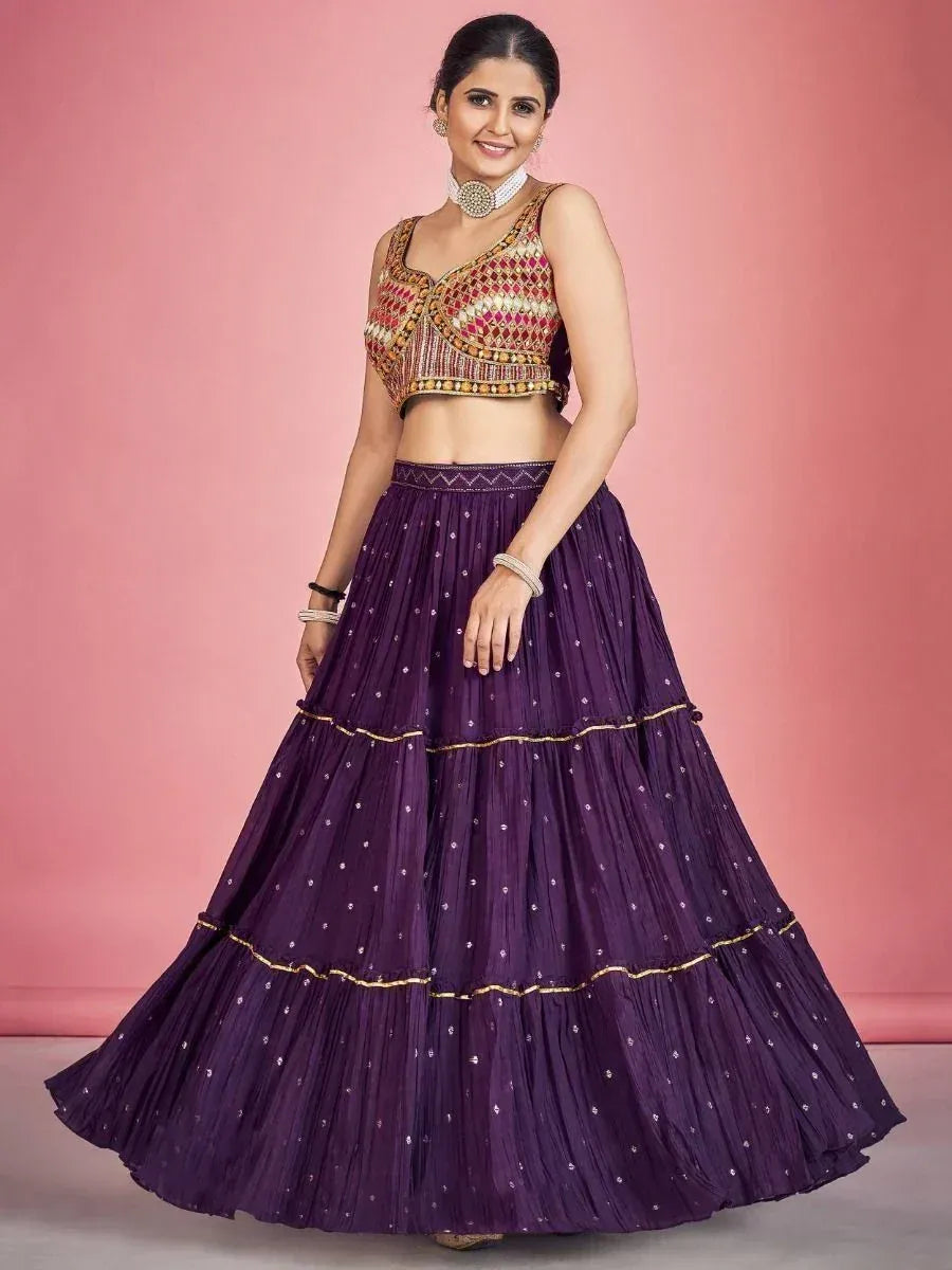 Purple tiered lehenga with embroidered blouse, Indian ethnic wear for women
