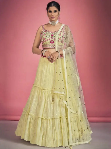 Glorious Yellow Sequin Work Georgette Ceremony Wear Lehenga Choli