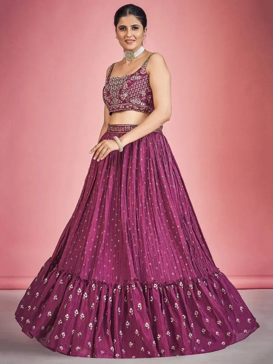 Purple embroidered lehenga choli with floral print, perfect for Indian ethnic wear and festive occasions