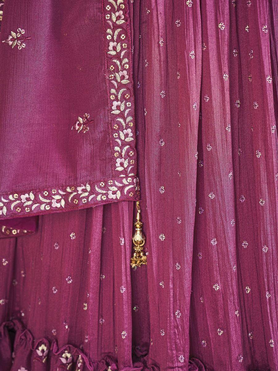 Purple ethnic lehenga with gold floral embroidery and tassel detailing