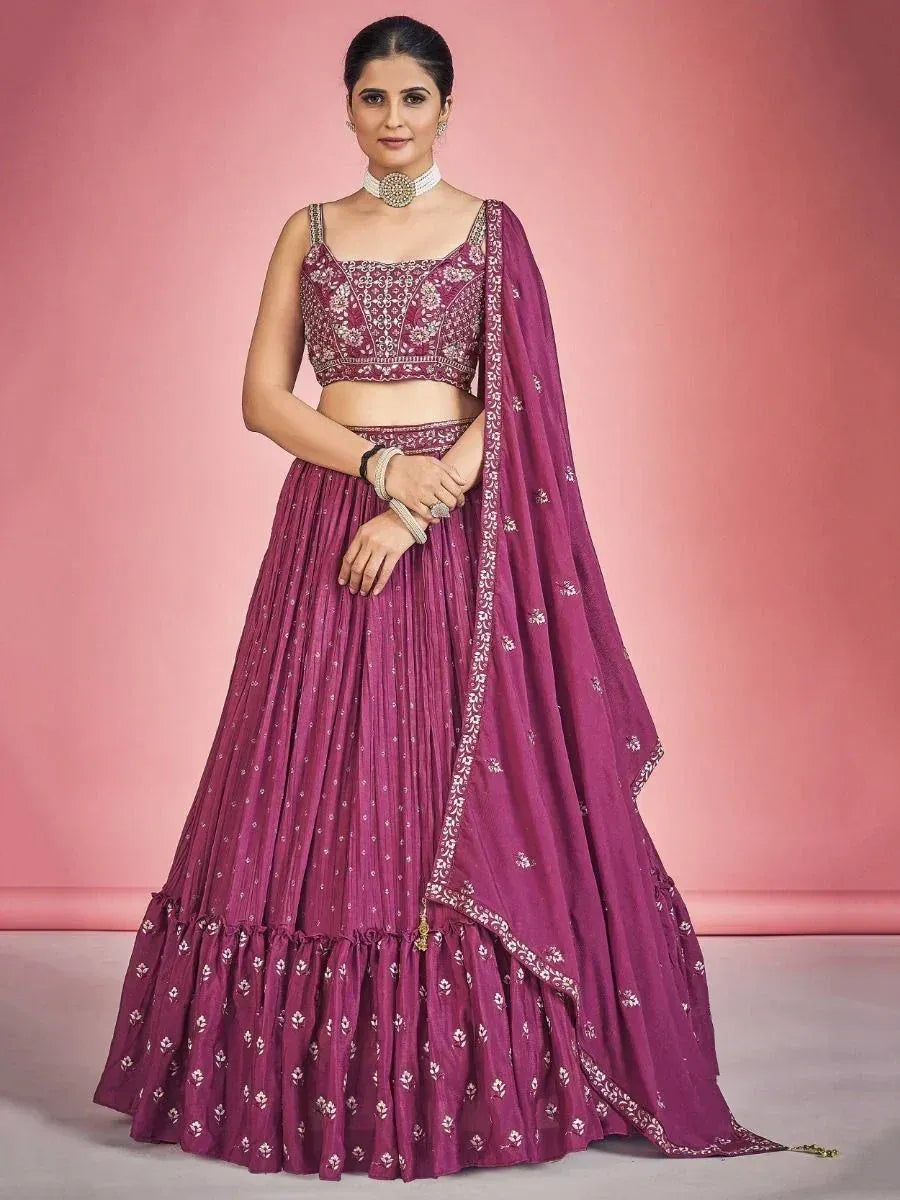Purple embroidered lehenga choli with dupatta, Indian ethnic wear for weddings and parties