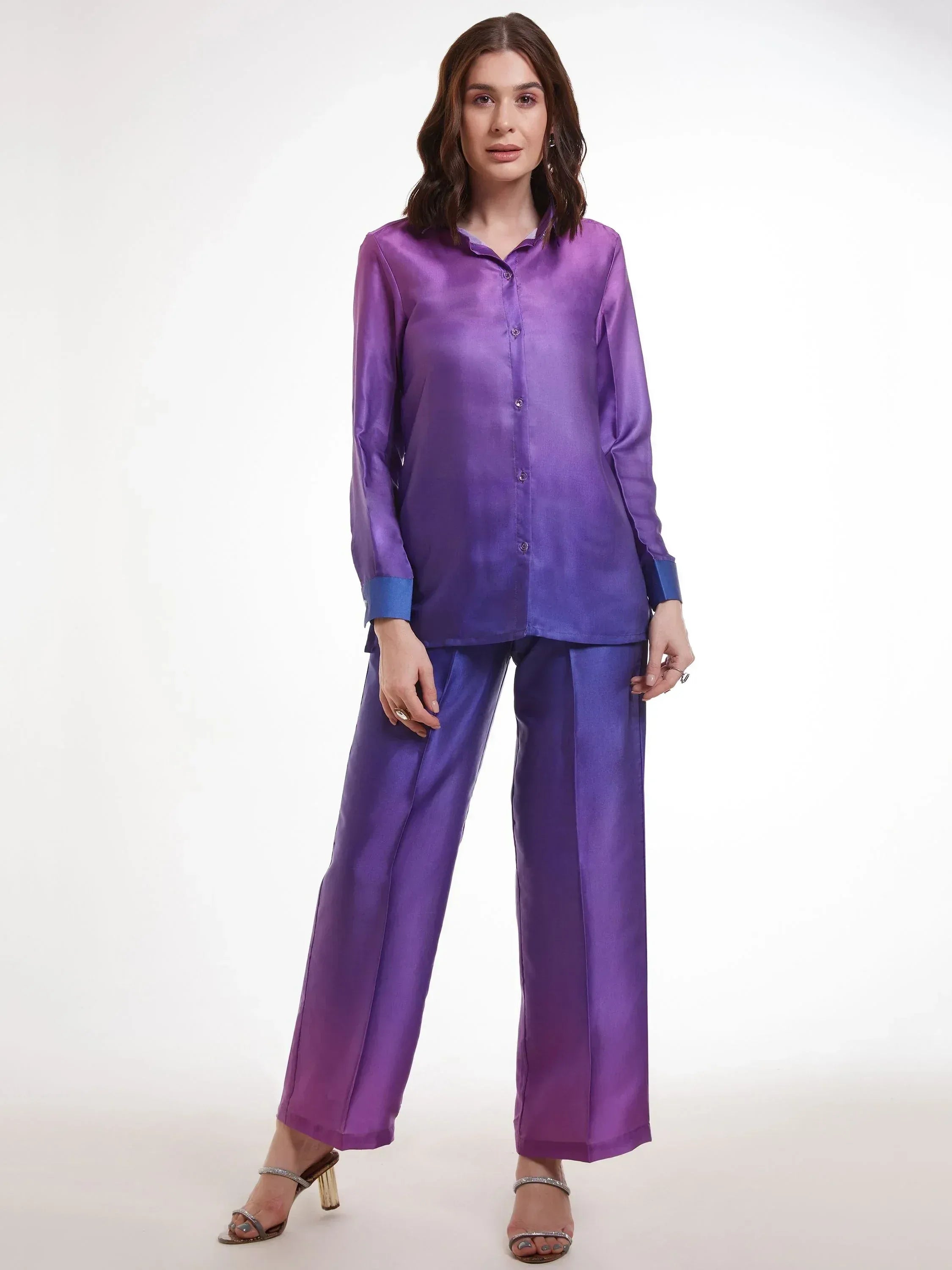 Purple silk ethnic pantsuit with blue cuffs, stylish women's wear