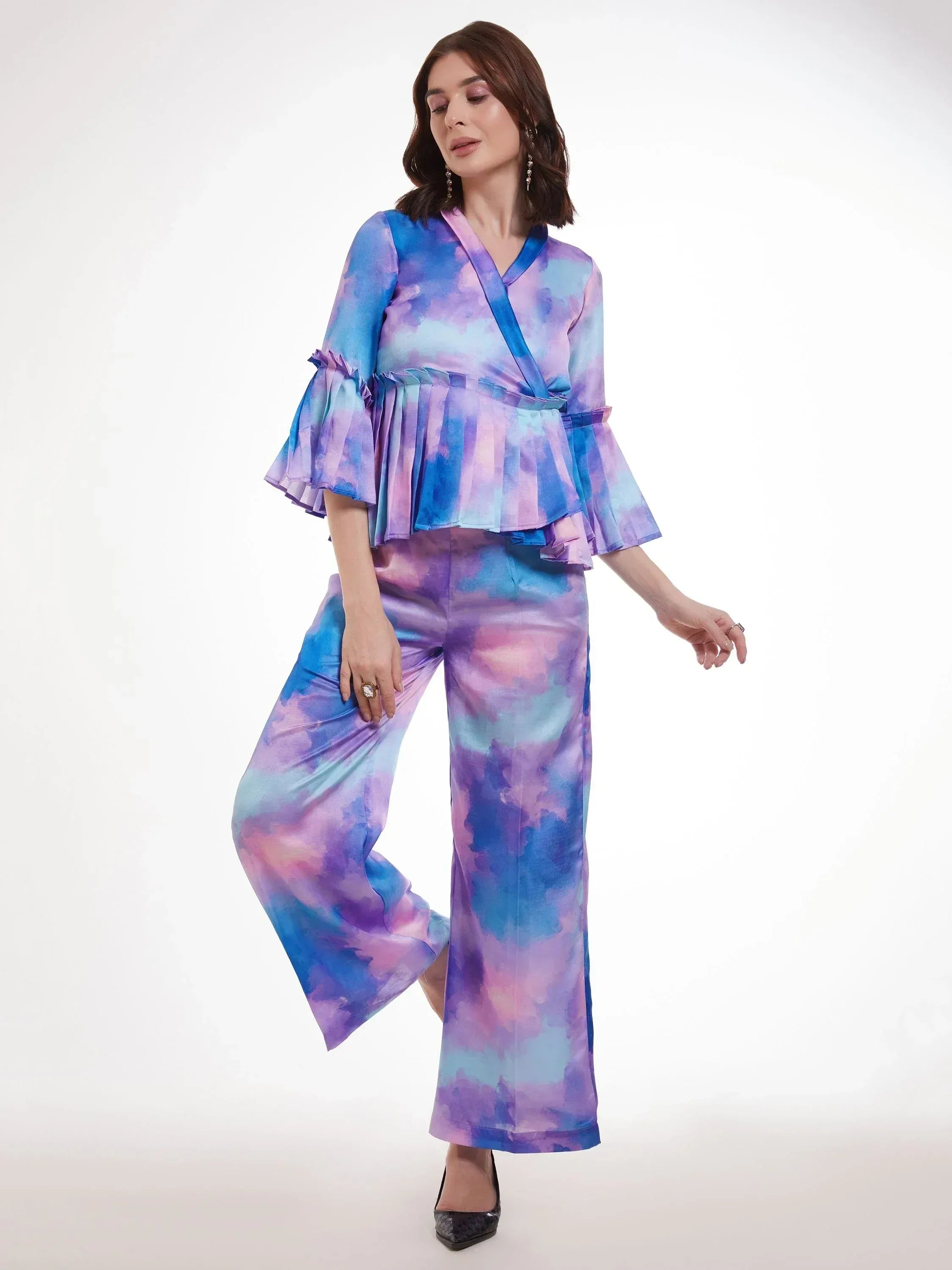 Purple blue tie-dye ethnic palazzo set with ruffled wrap top for women
