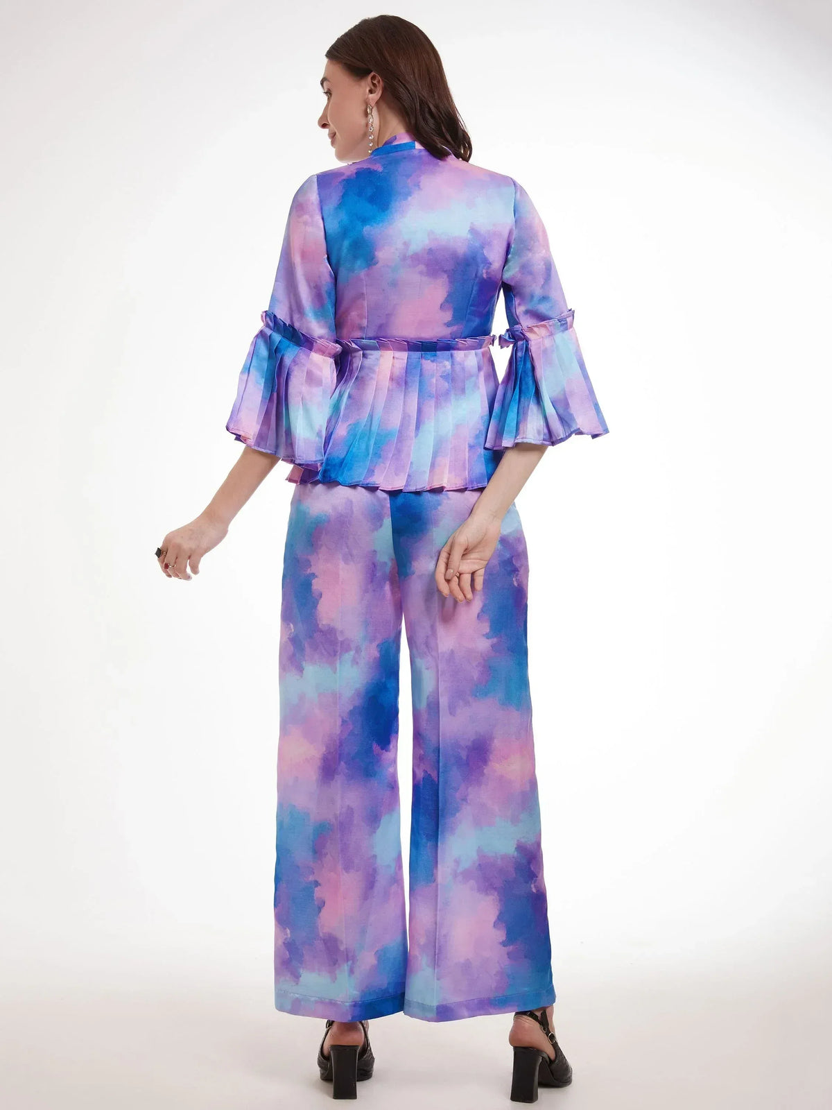 Purple blue tie-dye ethnic palazzo set with ruffled peplum top, perfect for Indian occasions