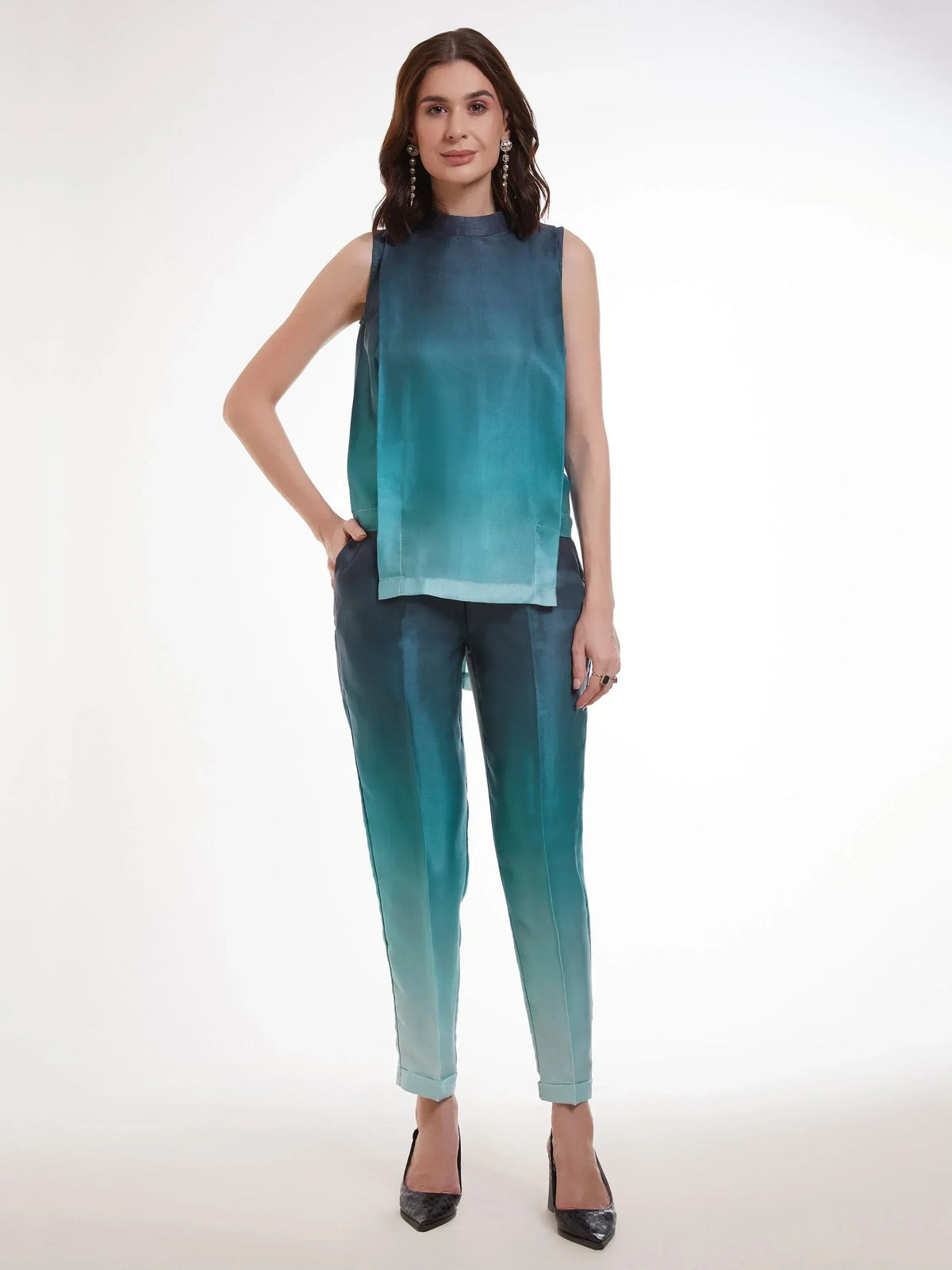Teal ombre sleeveless top and pants set, stylish ethnic wear for women