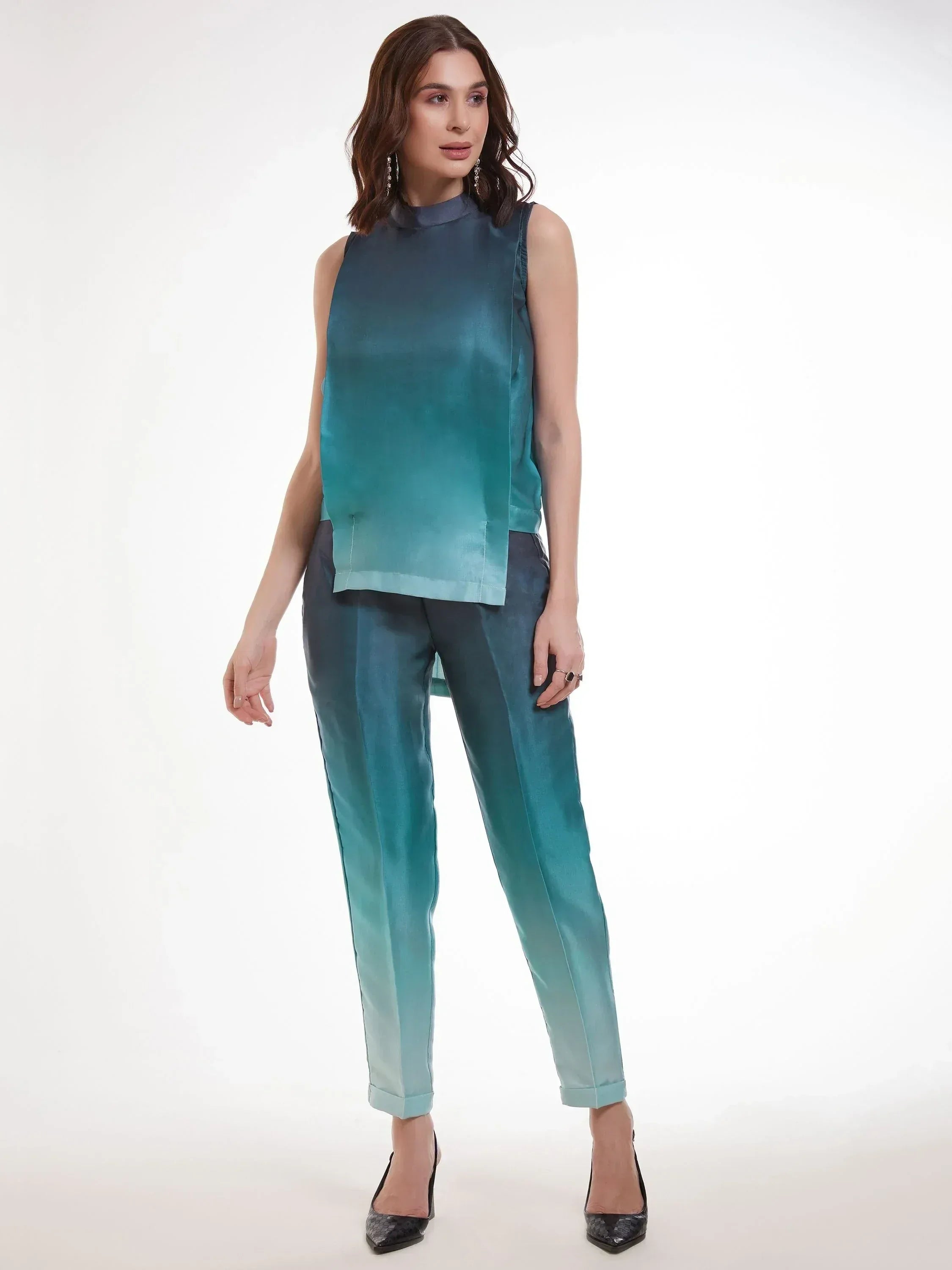 Teal ombre sleeveless top and pants set, stylish ethnic wear for modern occasions