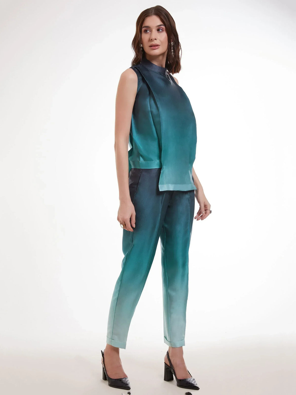 Teal satin sleeveless top and matching pants, modern Indian ethnic wear for women