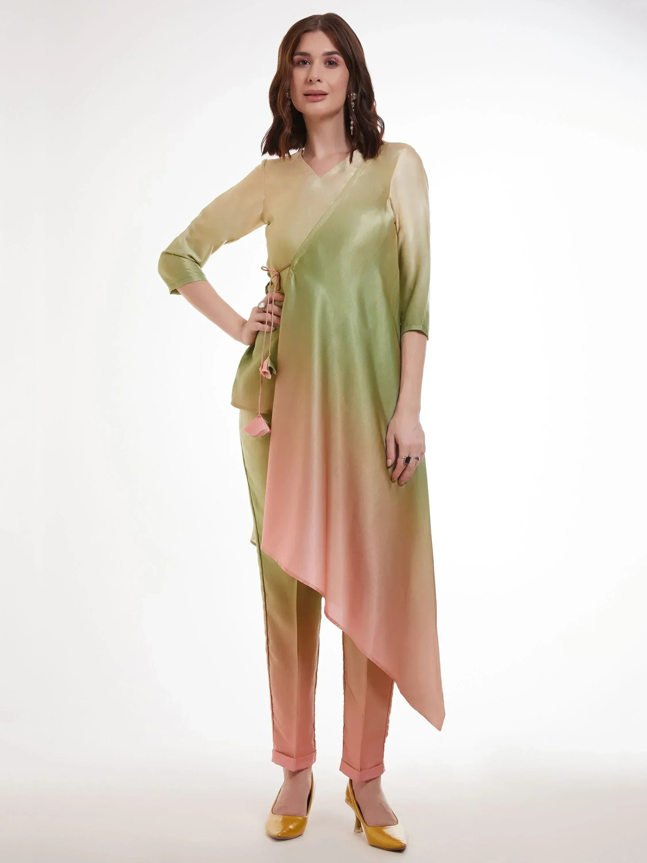 Woman wearing pastel green and peach ombre kurta with straight pants, Indian ethnic wear