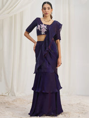 Lovely Wine Organza Pre-Stitched Ruffle Saree With Hand Work Blouse