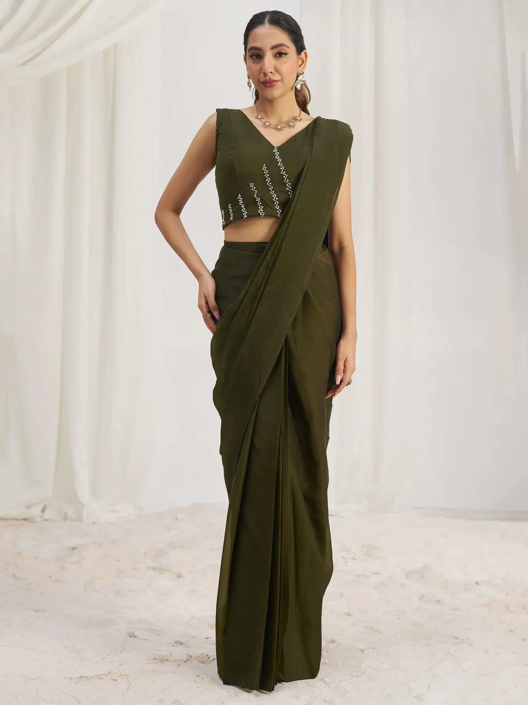 Olive green saree with embroidered crop top, stylish ethnic wear for women