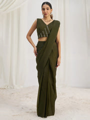 Enchanting Olive Green Organza Pre-Stitched Saree With Blouse