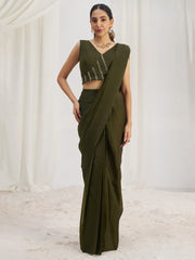 Enchanting Olive Green Organza Pre-Stitched Saree With Blouse