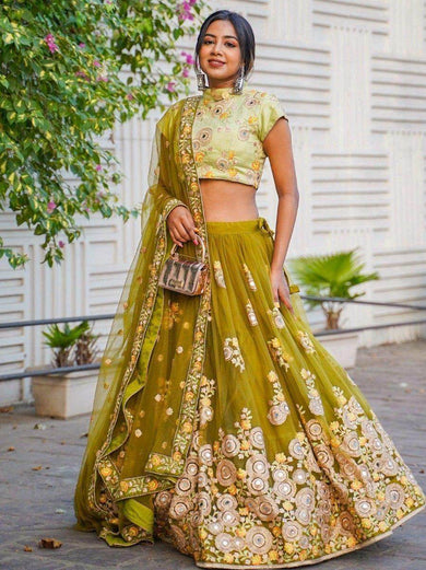 Ravishing Green Mirror Embroidered Net Reception Wear Lehenga Choli