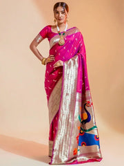 Shaded Pink Zari Weaving Paithani Silk Reception Wear Saree