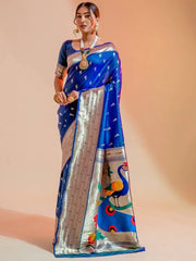 Capricious Blue Zari Woven Paithani Silk Wedding Wear Saree