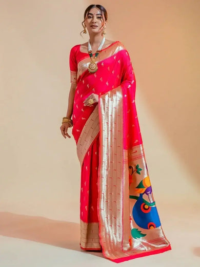 Captivating Hot Pink Zari Weaving Paithani Silk Sangeet Wear Saree