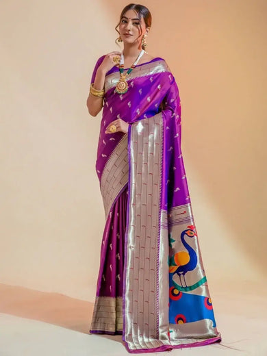 Attractive Purple Zari Weaving Paithani Silk Engagement Wear Saree