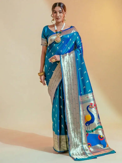 Irresistible Sky blue Heavy weaving Paithani Silk Event Wear Saree