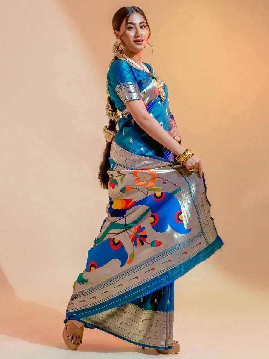 Irresistible Sky blue Heavy weaving Paithani Silk Event Wear Saree