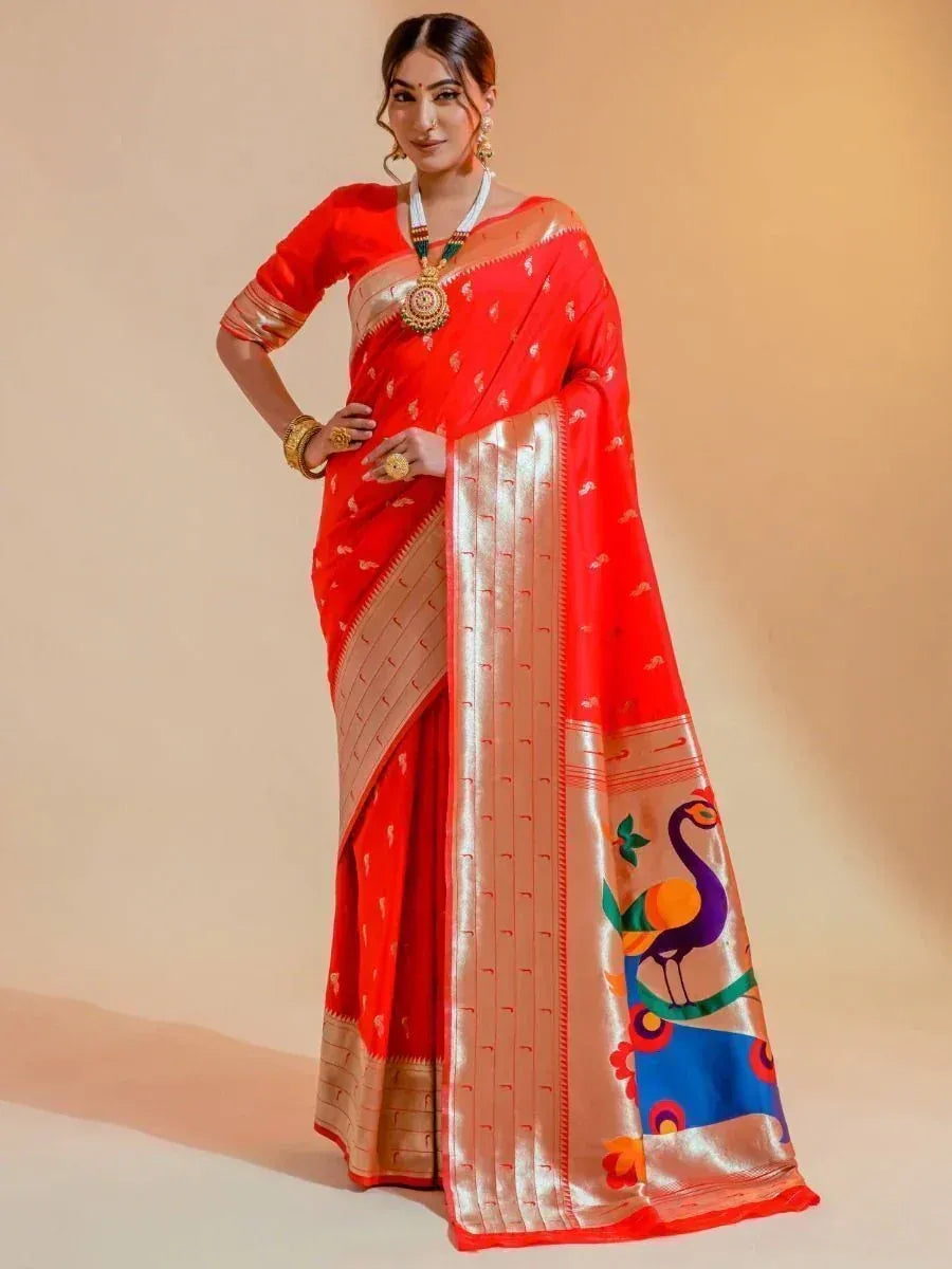 Remarkable Red Zari Weaving Paithani Silk Saree With Blouse