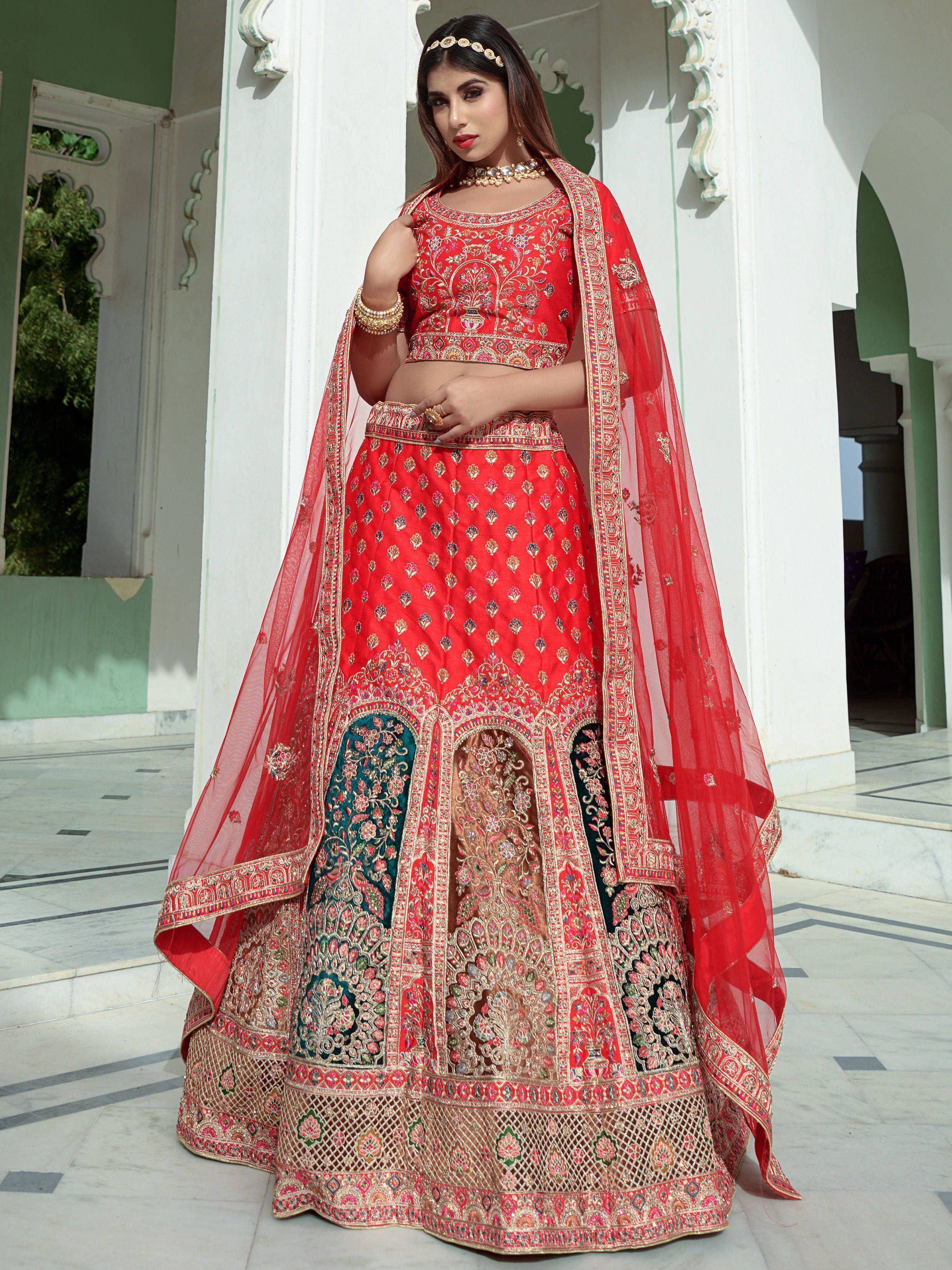 Red embroidered lehenga choli with dupatta, Indian ethnic wear for weddings and festivals