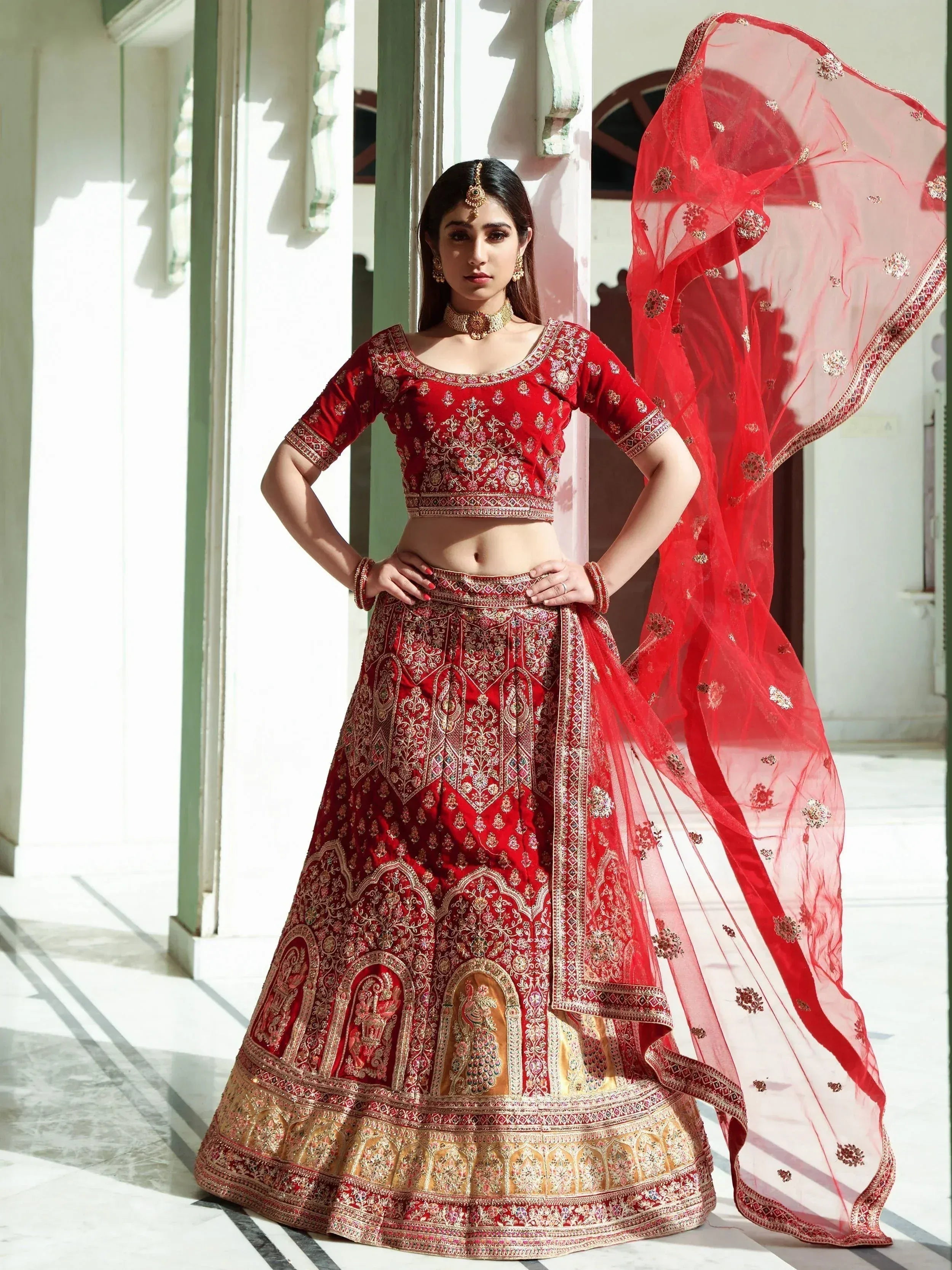 Red embroidered lehenga choli with dupatta, Indian ethnic wear for weddings and festivals