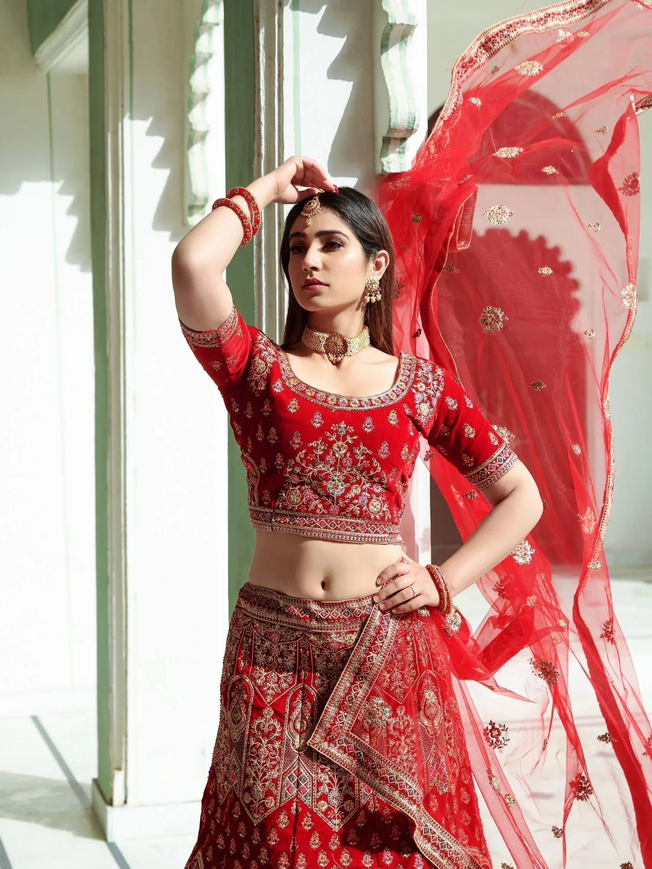 Red embroidered lehenga choli with dupatta, Indian ethnic wear for weddings and festivals