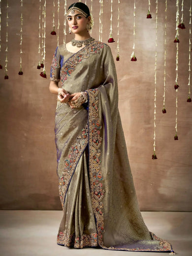 Adorable Olive Color Sequins Silk Function Wear Saree With Blouse