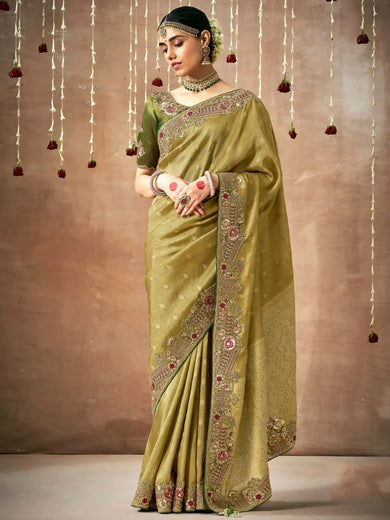 Magnetic Olive Color Sequins Silk Mehendi Wear Saree With Blouse