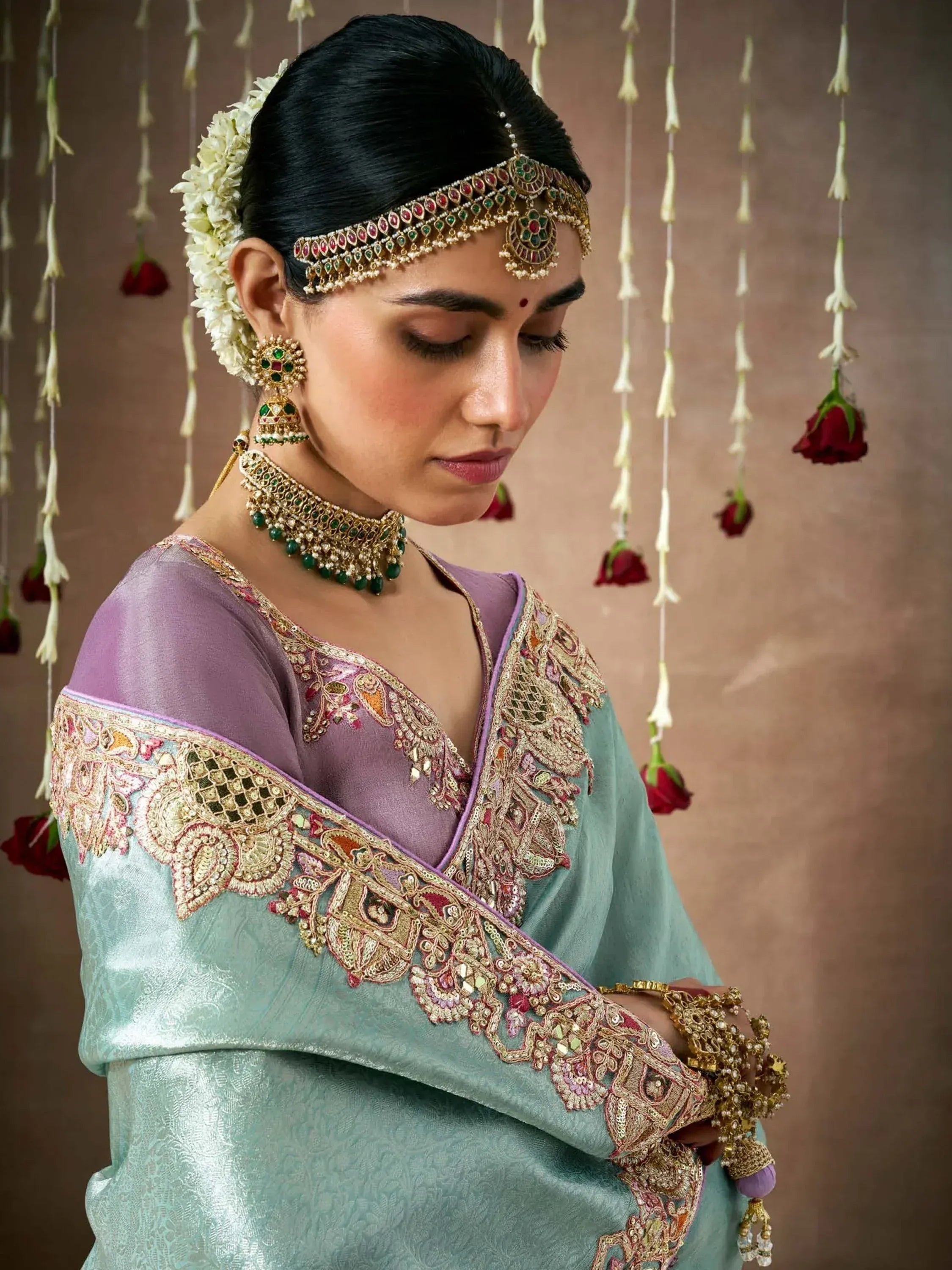 Beautiful Powder Blue Color Sequins Silk Wedding Wear Saree With Blouse