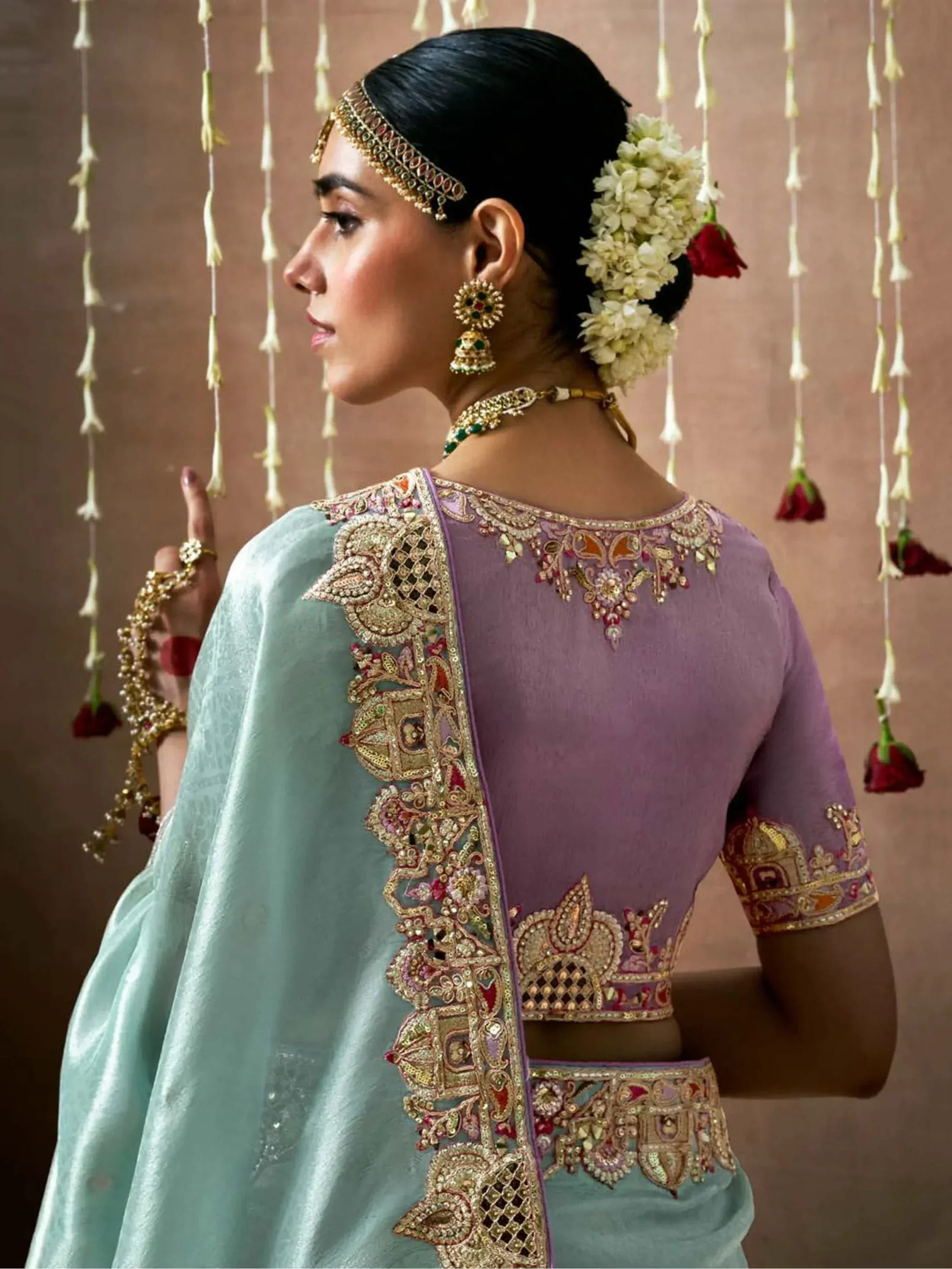 Beautiful Powder Blue Color Sequins Silk Wedding Wear Saree With Blouse