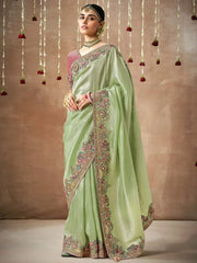Beautiful Pista Color Sequins Silk Event Wear Saree With Blouse
