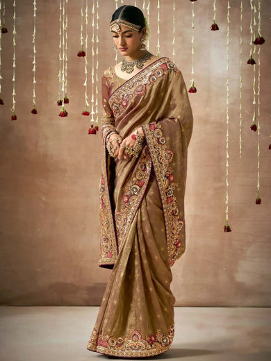 Ravishing Brown Color Sequins Silk Wedding Wear Saree With Blouse