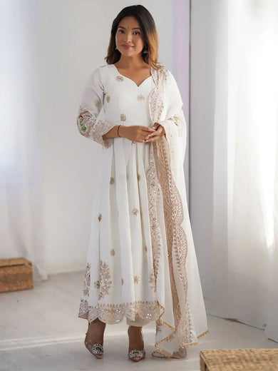 Fascinating Off-White Sequins Chinon Traditional Anarkali Suit