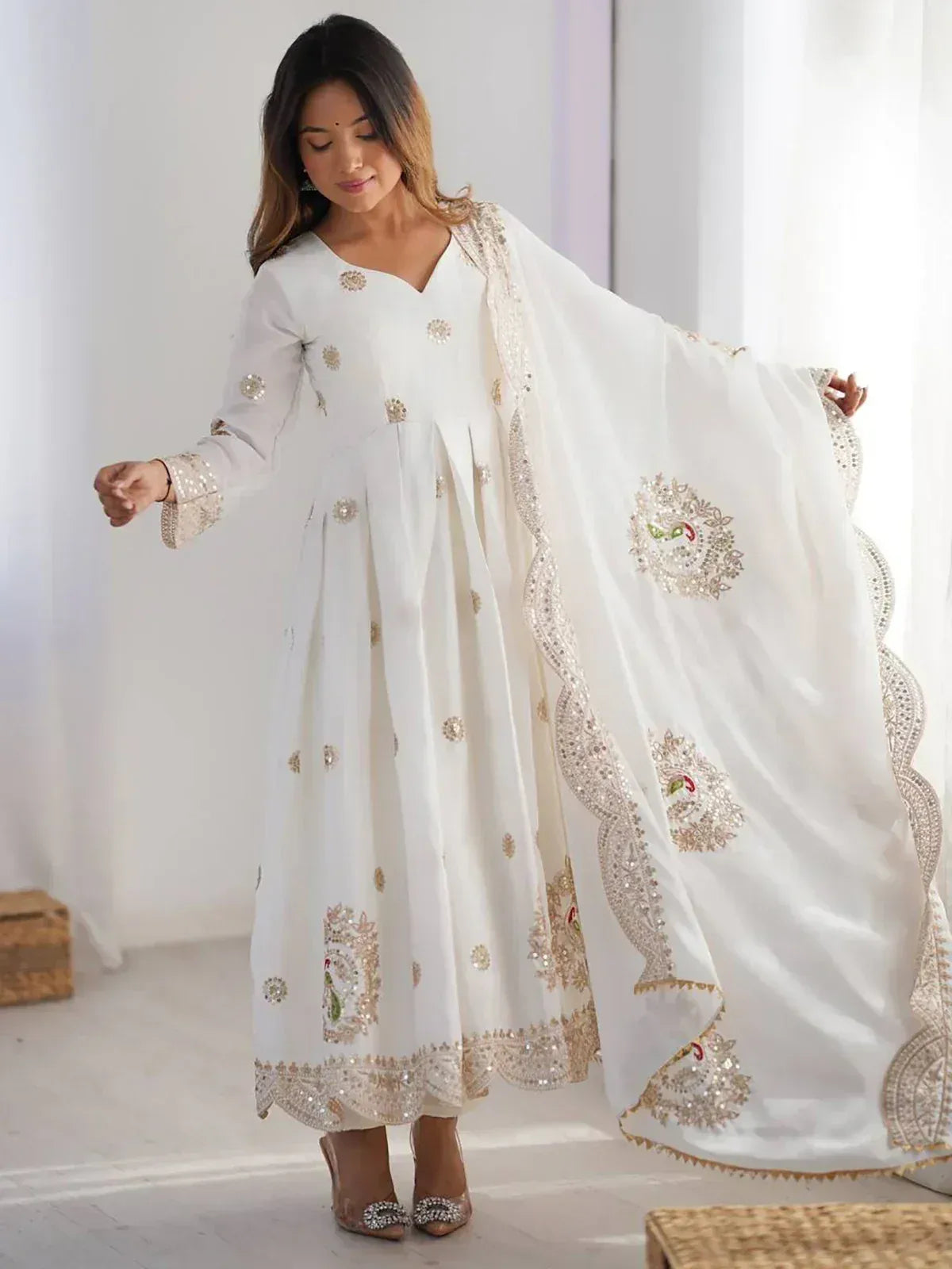 White embroidered Anarkali suit with dupatta, Indian ethnic wear for women