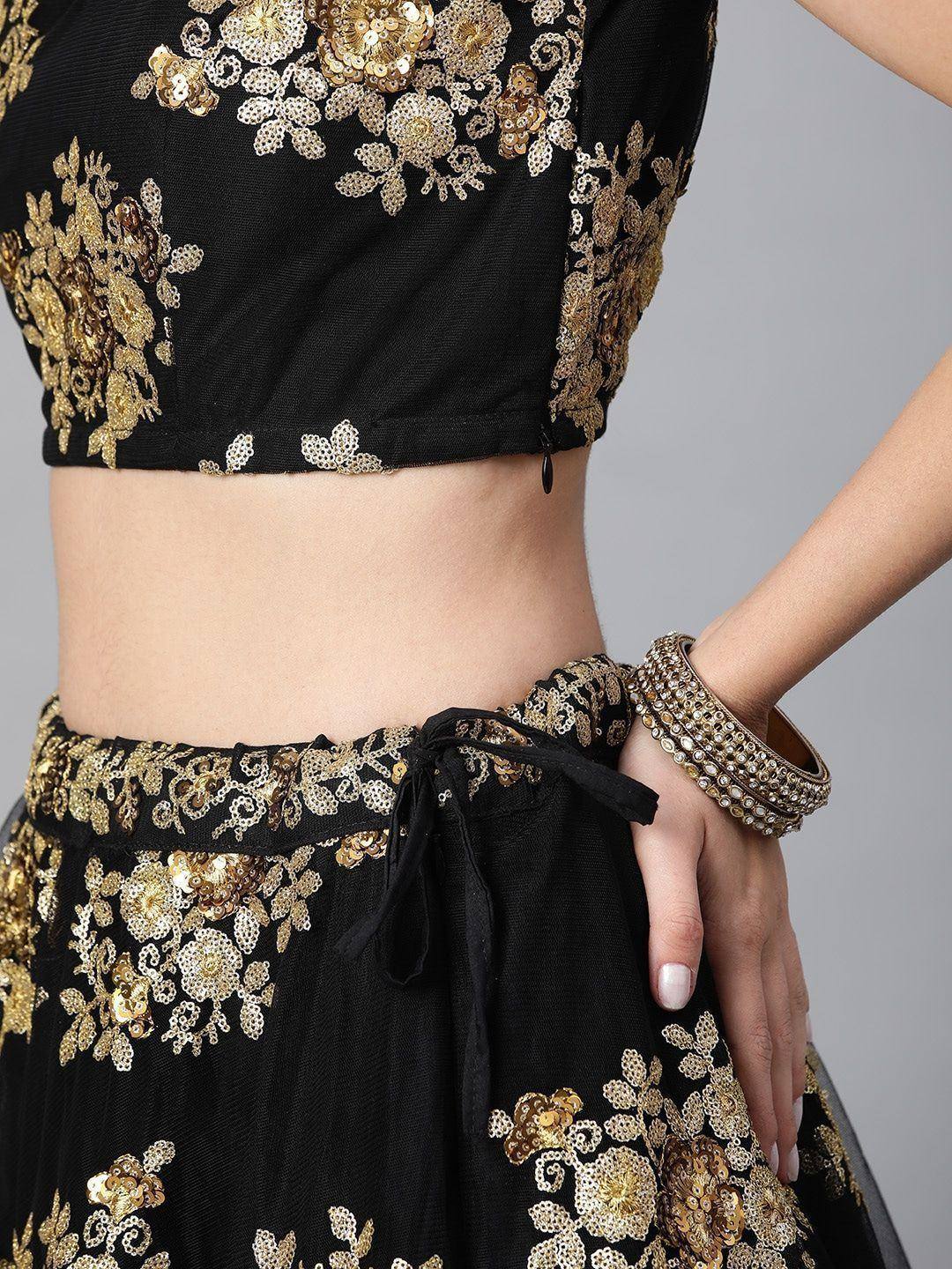 Black lehenga choli with gold floral sequin embroidery, ethnic wear for women