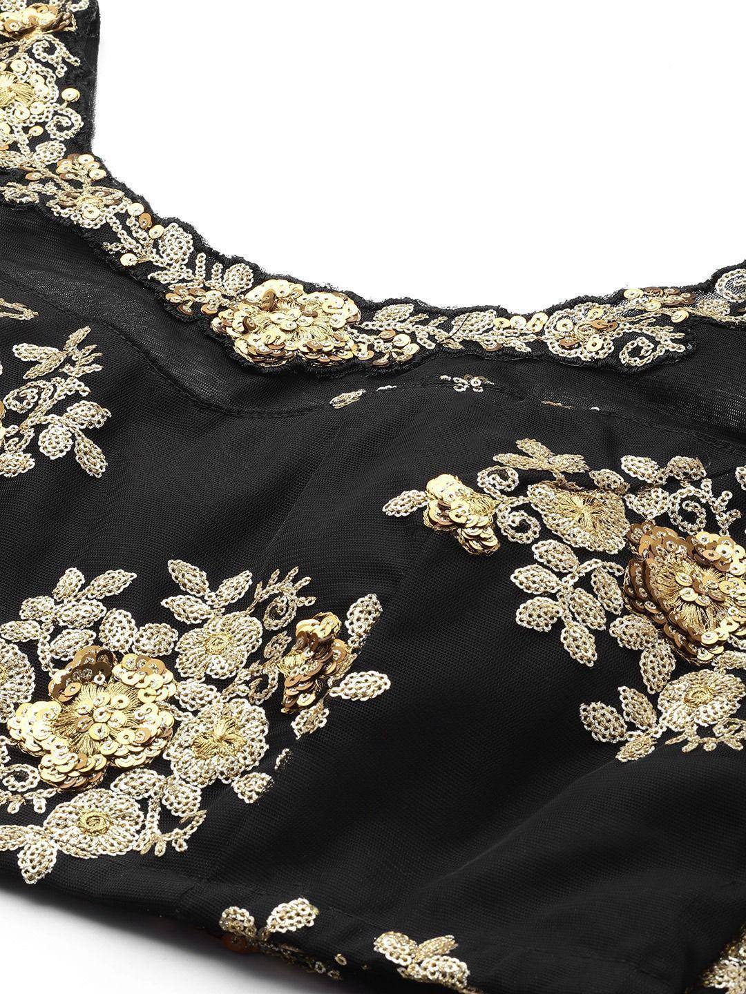 Black designer blouse with gold floral embroidery and sequin detailing for ethnic wear
