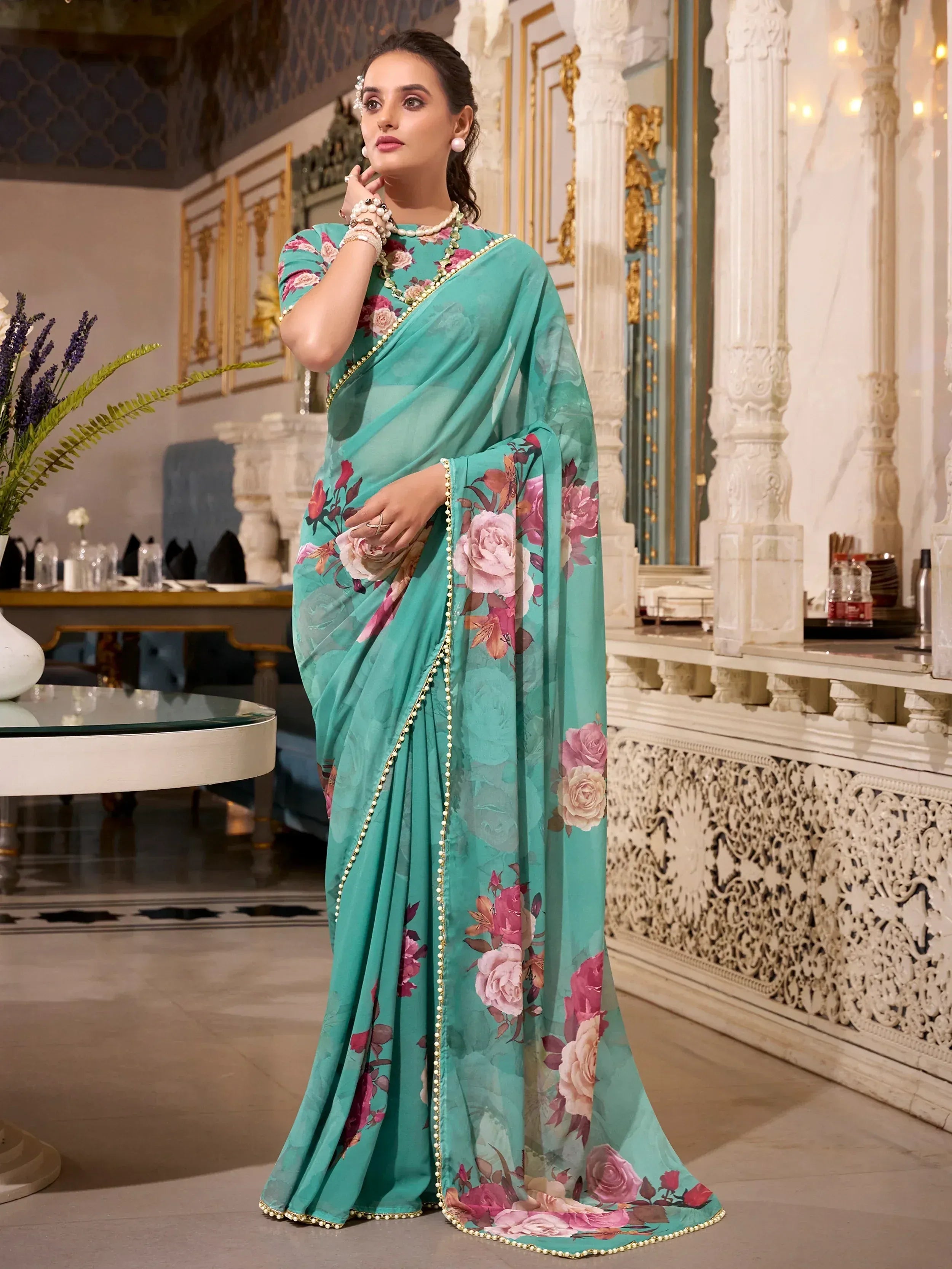 Teal floral saree with pearl border, Indian ethnic wear for women, designer saree with blouse