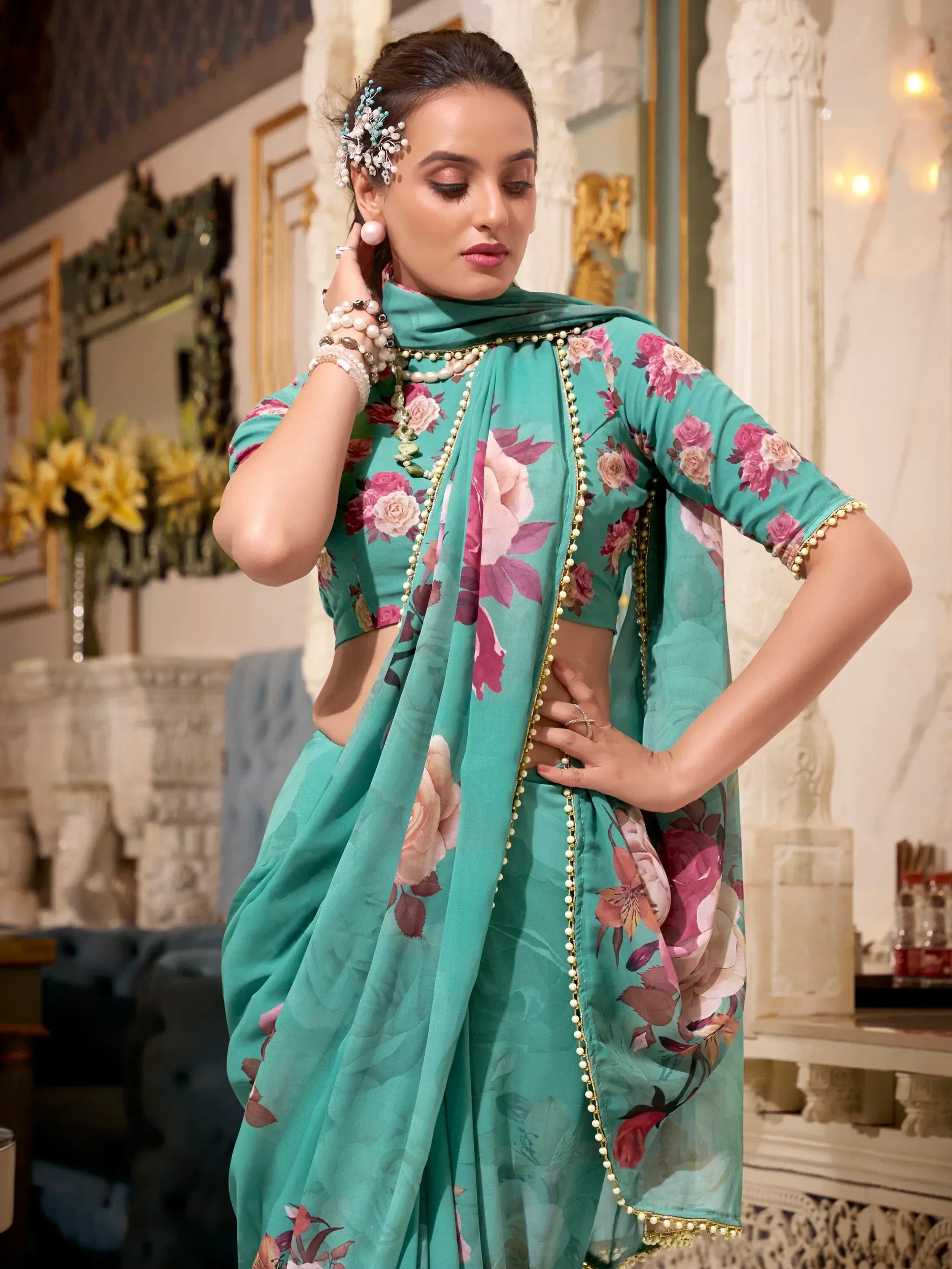 Teal floral print salwar kameez with pearl trim, ethnic Indian wear for women