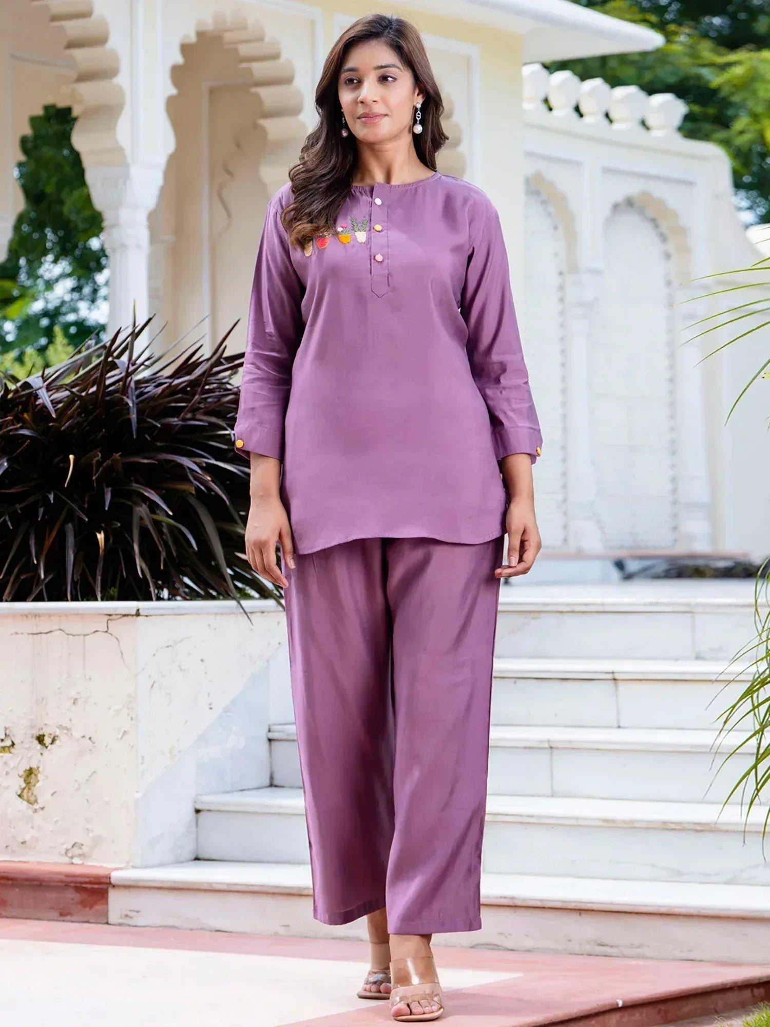 Purple embroidered kurta with palazzo pants, Indian ethnic wear for women