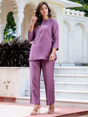 Elegant Lavender Silk Blend Hand Embroidery Casual Wear Co - ord Set - Ethnic Plus In